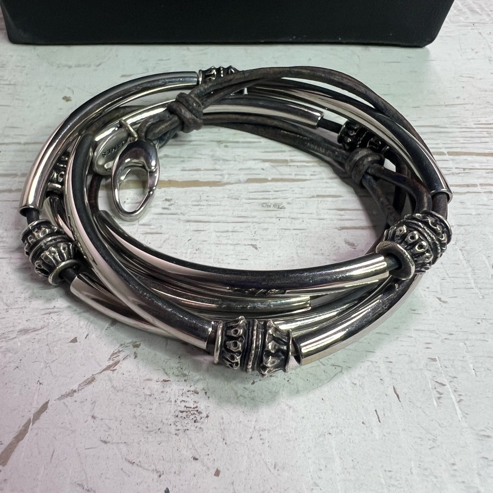 Lizzy James Double Strand Silver & Leather Wrap Around Bracelet D13